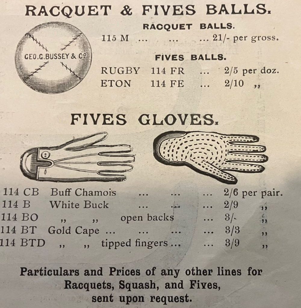 1922 illustrated advertisement showing gloves and balls for Racquet and Fives