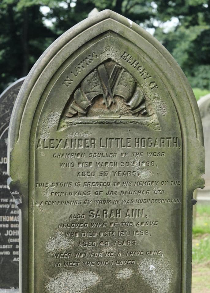 Headstone to "Alexander Little Hogarth, Champion Sculler of the Wear who died March 30th 1896"