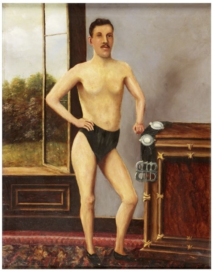 Painting of Joseph Stephenson Ridley, a runner, posing in shorts.
