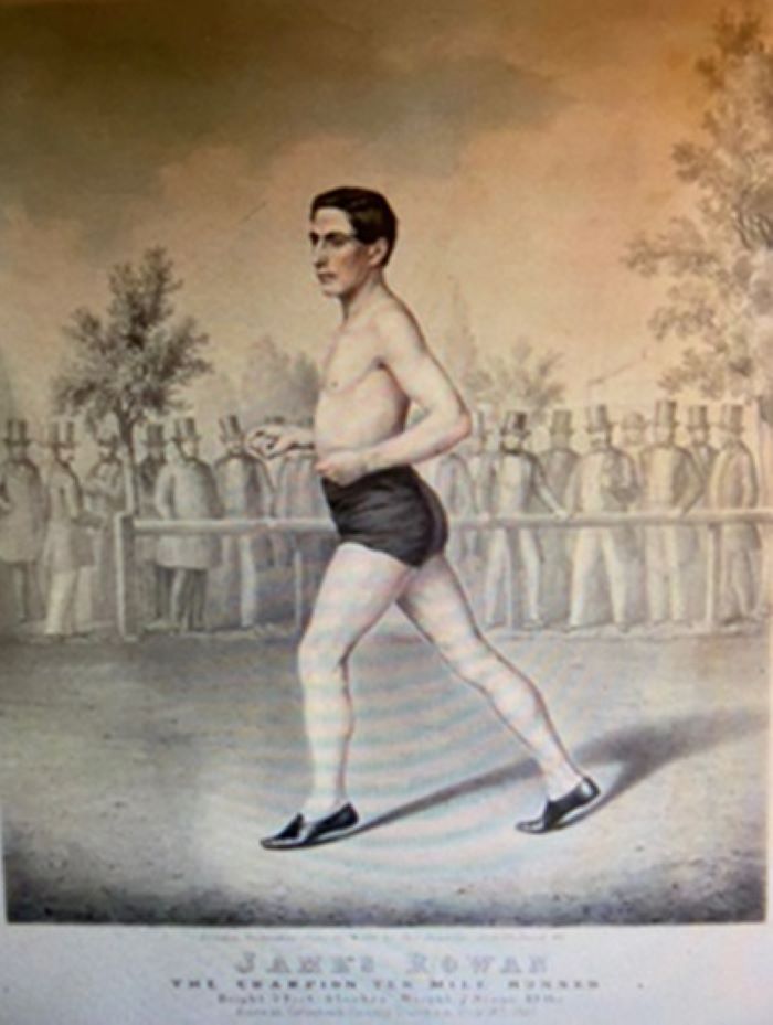 Image of an illustration showing a Victorian "pedestrian" (runner) in shorts and in front of a crowd of spectators