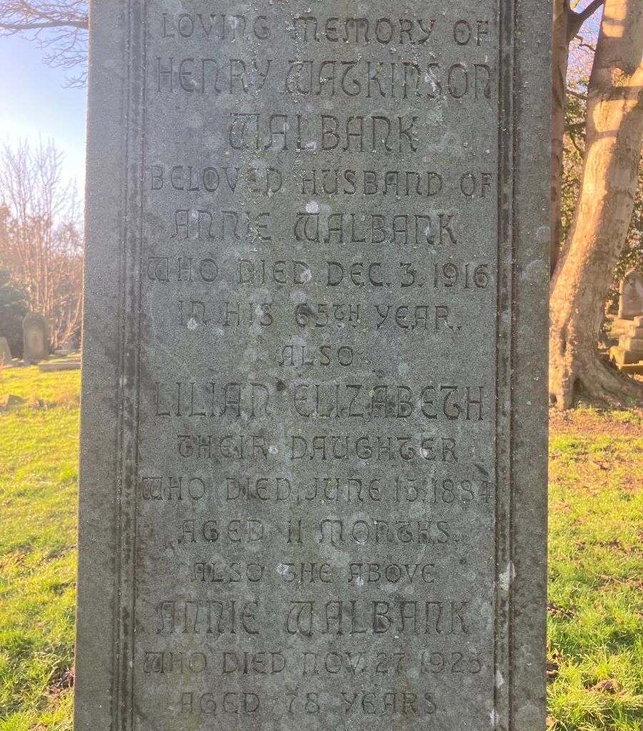 Headstone of Henry Watkinson Walbank, who died Dec 3rd 1916