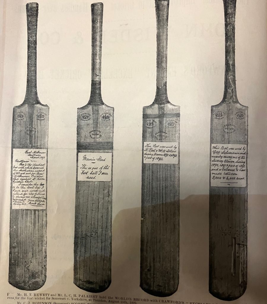 Image of four cricket bats taken from a 19th century Wisden cricket catalogue